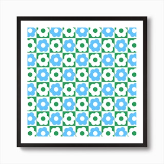 Floral Checker Green Blue Square Art Print
