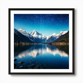 Firefly Mountains, Snow Capped, Towering, Background, Tranquil, Lake, Foreground, Reflecting, Starry (11) Poster