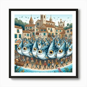 A Whimsical Sardine Parade Through A Mediterranean Village, Style Cartoon Illustration 2 Póster