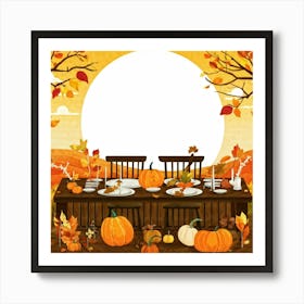 An Illustration Of A Thanksgiving Inspired Table Set Against An Autumn Nature Backdrop Showcasing A 2 1 Art Print