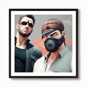 Two Men Wearing Gas Masks Art Print