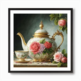 A very finely detailed Victorian style teapot with flowers, plants and roses in the center with a tea cup 4 Art Print