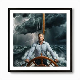 Entrepreneur Standing At The Helm Of A Sailboat Navigating Through Turbulent Yet Invigorating Art Print