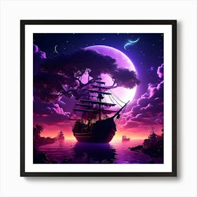 Ship In The Moonlight Art Print