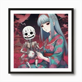 Anime Girl And Skeleton Art Print