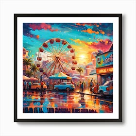 Sunset At The Amusement Park By The Seashore Art Print
