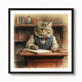 Cat At The Desk Art Print