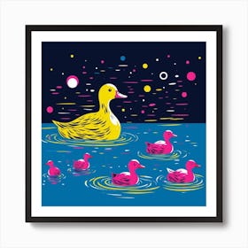 Duckling Under The Stars Linocut Style 3 Art Print