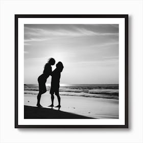 Silhouette Couple Kissing On The Beach Art Print