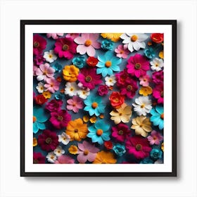 Colorful Flowers On A Blue Background Art Print