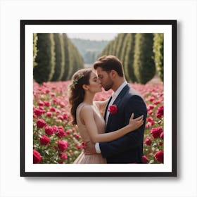 Couple Kissing In A Rose Garden Art Print