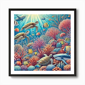 Underwater Coral Reef Printed Art A Vibrant Illustration Of A Colorful Coral Reef Filled With Marine Life, Perfect For Bringing The Beauty Of The Ocean Into Any Space Printed Art Art Print