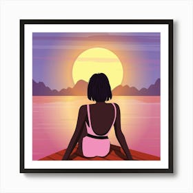 Sunset Woman Sitting On A Boat Art Print