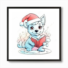 Santa Dog Reading A Book Art Print