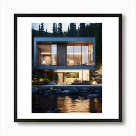 Modern House By The Lake Art Print