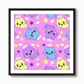 Seamless Pattern With Cute Kawaii Kittens Art Print