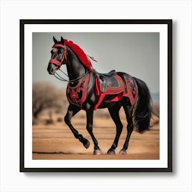 Lindo Caballo Negro Con Adornos Rojos Insolitos Art Print