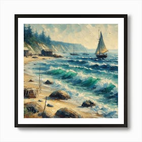 Sailboat On The Beach, Acrylic Painting Style 4 Art Print