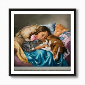 Little Girl Sleeping With Cat And Dog Art Print