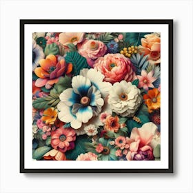 Vibrant Floral Collage Featuring Oversized Blossoms And Foliage, Style Mixed Media Collage Art Print