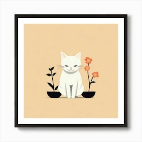 White Cat With Flowers 2 Art Print