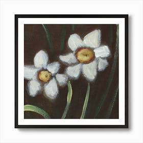 Two Daffodils - floral flower painting hand painted Anton Maliar square brown dark living room bedroom Art Print