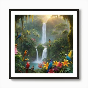 Tropical Jungle With Waterfall Paintings Art Print Art Print