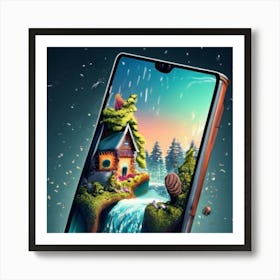 A smartphone whose screen displays a miniature view of a waterfall. Art Print