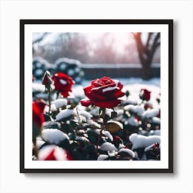 Red Roses in the Snow Covered Garden Art Print