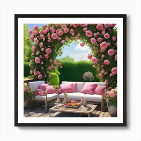 Pink Roses In The Garden Art Print