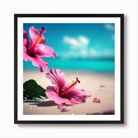 Pink Hibiscus Flowers on the Summer Beach 1 Art Print