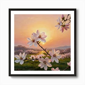 Golden Horizon, Pink Petals Blossoming Cherry Blossoms Art Print