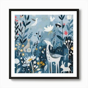 Deer In The Meadow, Naïve Folk Art Print