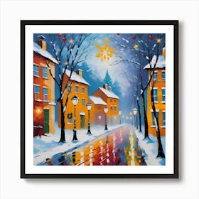 Winter city landscape, palette knife stile, AI Art Print