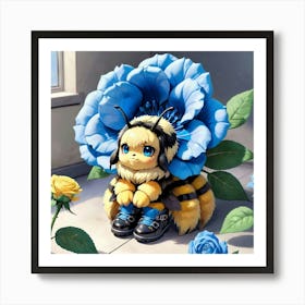 Blue Rose Bee Art Print