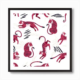 Magenta Tigers Pattern On White Square Art Print