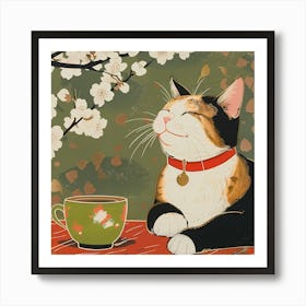 Black Calico Cat And Green Tea Art Print