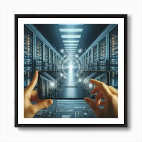 Hands Holding A Smartphone In A Data Center Art Print