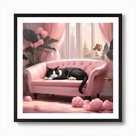 Cat Nap Tuxedo Cat Napping In Pink Interior Art Print 5 Art Print