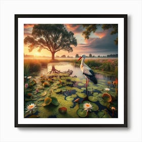 A Stork In A Lily Pond Art Print