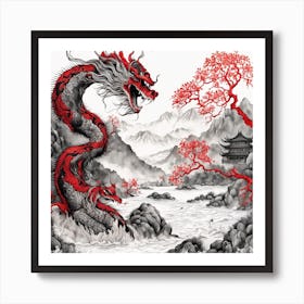 Chinese Dragon Mountain Ink Painting (47) Art Print