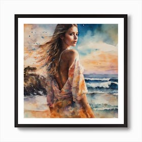 Watercolor Of A Woman On The Beach 1 Art Print