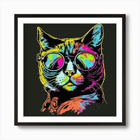 Cat With Sunglasses Neon Art Print