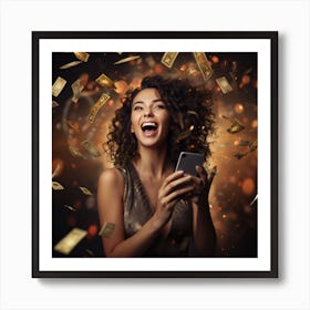 Happy Young Woman With Mobile Phone Lottery Winner Art Print