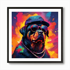 Rottweiler Stands Clad In A Black Hat And Dark Shades Art Print