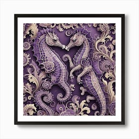 Seahorses On Purple Background Art Print