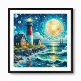 Lighthouse At Night 2 Art Print