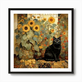 Black Cat With Sunflowers art Art Print