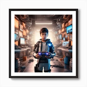 Futuristic Boy Playing Video Game Art Print