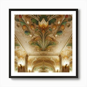 William Morris Inspired Floral Motifs Decorating The Walls Of An Elegant Ballroom, Style Art Nouveau Art Print